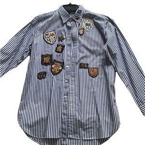Polo Ralph Lauren Boyfriend Fit Striped Cotton Button Up Dress Shirt w/ patches.